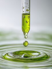 Green liquid droplet falling from pipette creating ripples in fluid surface highlighting nature's essence through a refreshing display