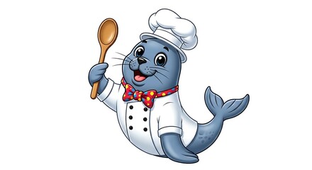 Cartoon seal chef with a tall hat and wooden spoon. Cute cooking animal character on white background.