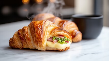 Delicious Croissant Paired with Cheese and Coffee for a Morning Treat