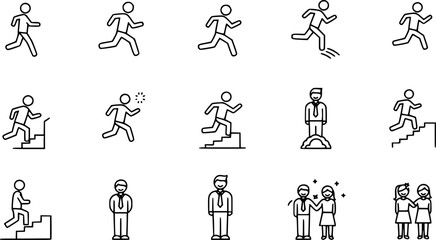 People flat line icons set. Person walking, running, jumping, climbing stairs, happy man, company leader, friends hugs vector illustrations. Human outline signs. Editable Stroke