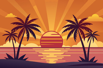 Obraz premium Tropical Hawaiian beach sunset with silhouetted palm trees