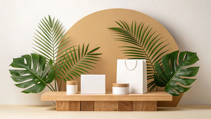 Tropical mockup scene with wooden shelf and packaging