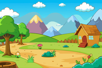 Fototapeta premium Colorful Cartoon Village Landscape: Whimsical House & Nature Scene