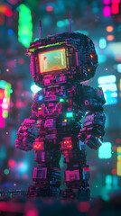 A futuristic robot with a glowing screen stands amidst a vibrant, neon-lit cityscape.