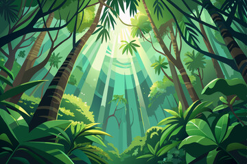 A vibrant tropical jungle and bamboo forest bathed in morning sunlight, showcasing lush green plants and towering trees