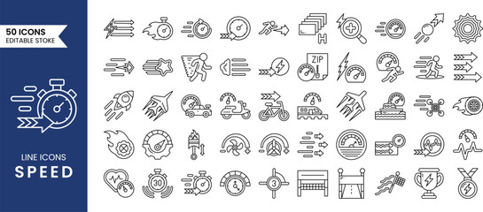 Speed line editable icon set. Containing fast, slow, movement, indicator, turbo, speeding, express, speedometer and more. Vector illustration