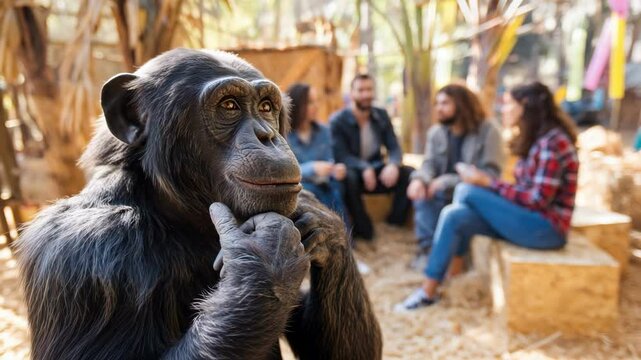 Curious chimp observes people engaging in conversation at wildlife habitat setting