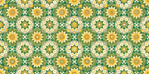 Vibrant yellow and green floral kaleidoscope pattern.