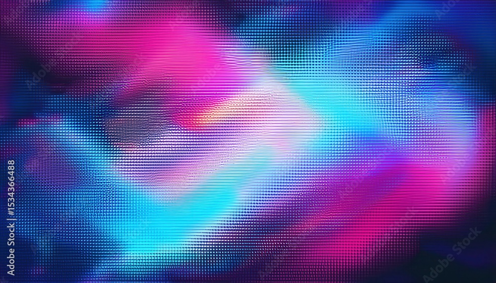 Poster vivid iridescent glitch texture with neon blue and magenta gradient, horizontal pixel ripple distort