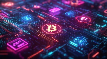 An abstract digital crypto money concept depicted as a glowing matrix of interconnected geometric shapes and shimmering energy grids.
