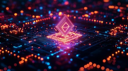 An abstract digital crypto money concept depicted as a glowing matrix of interconnected geometric shapes and shimmering energy grids.
