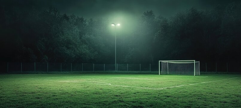 Empty soccer field at night, illuminated by a single light