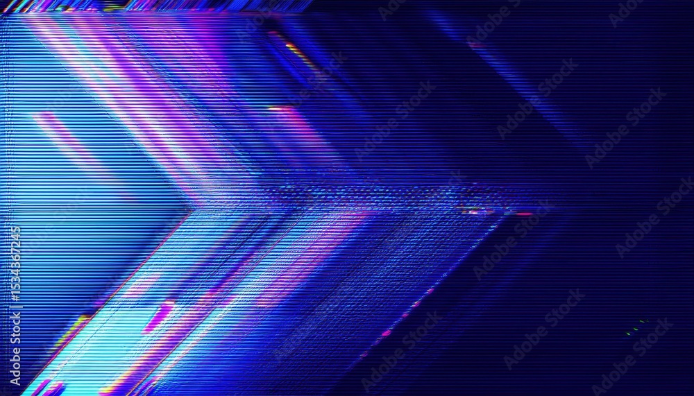 Poster abstract glitch style neon chevron texture with rgb distortion and scanlines in electric blue and ma