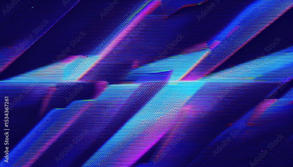 Poster abstract glitch style neon chevron texture with rgb distortion and scanlines in electric blue and ma