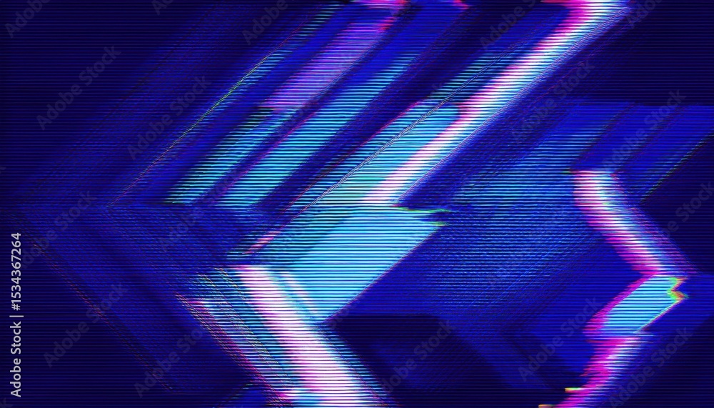 Poster abstract glitch style neon chevron texture with rgb distortion and scanlines in electric blue and ma