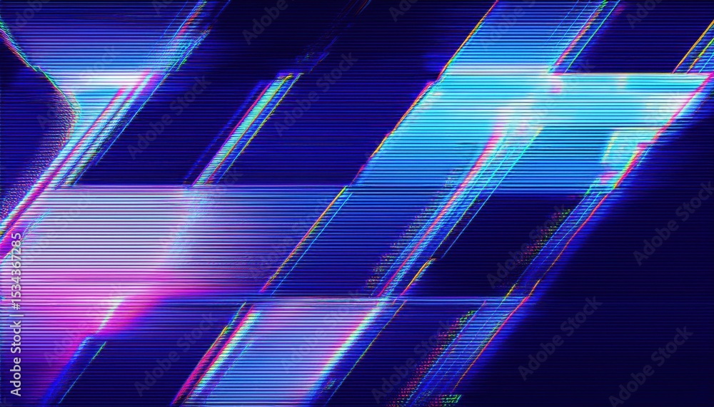 Poster abstract glitch style neon chevron texture with rgb distortion and scanlines in electric blue and ma