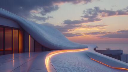 Modern architectural structure with flowing design illuminated at dusk against a serene sky