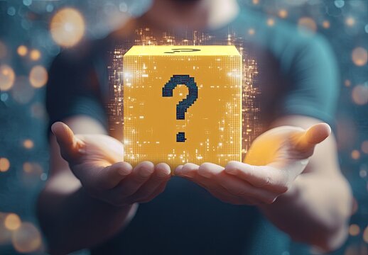 A person holds a glowing, pixelated question mark cube