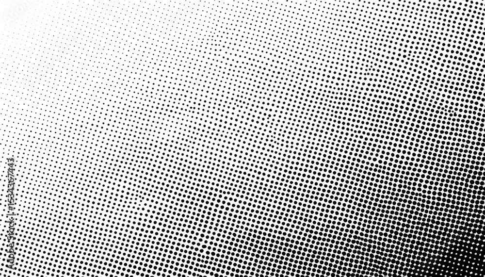 Poster high-contrast black halftone dot pattern with diagonal fade on white background for retro comic text