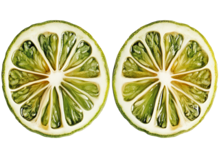 Two lime halves, isolated on transparent PNG, showcasing vibrant green segments and juicy texture, perfect for refreshing beverage or food