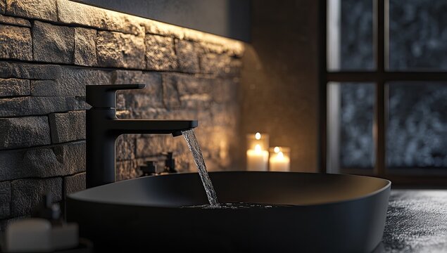 Dark, modern bathroom sink with running water