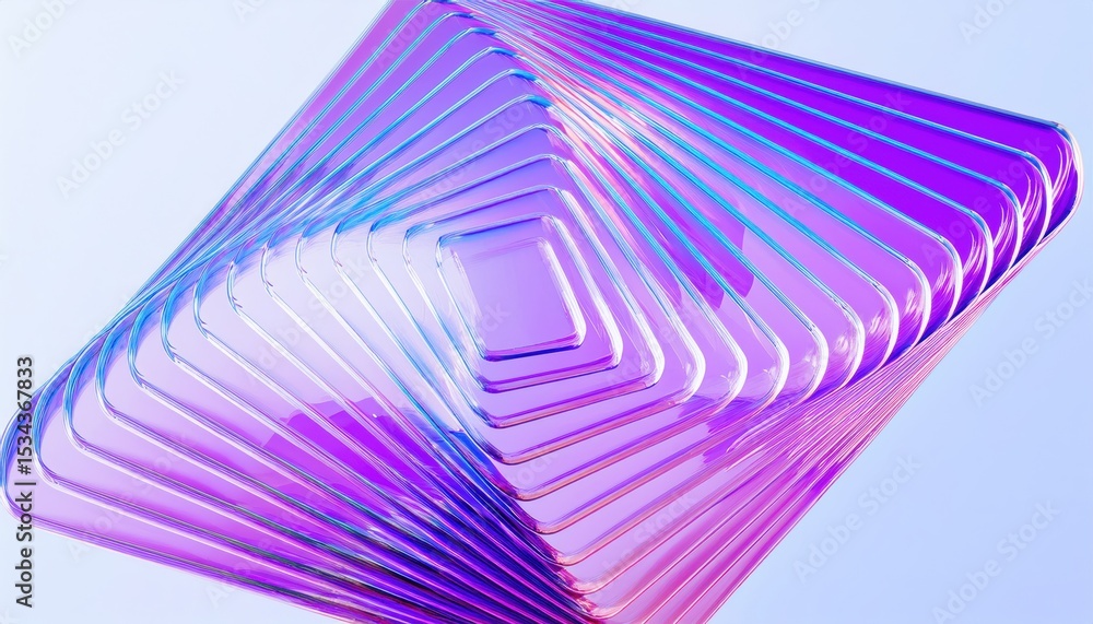 Poster abstract 3d transparent layered square design with iridescent purple and cyan gradient geometry for modern web design, branding, or digital print concept

