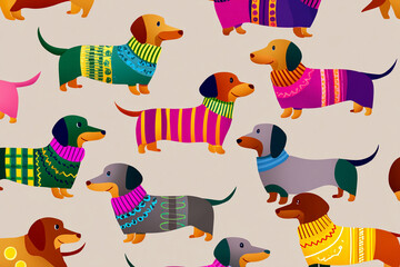Colorful dachshunds in vibrant sweaters playfully arranged on a light background