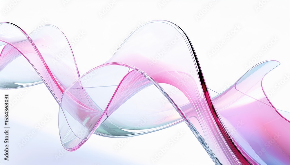 Poster transparent pink ribbon wave with glass like fluid curve on white background for abstract web banner