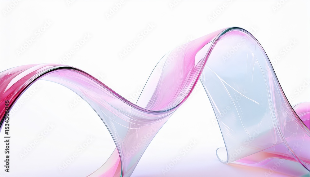 Poster transparent pink ribbon wave with glass like fluid curve on white background for abstract web banner