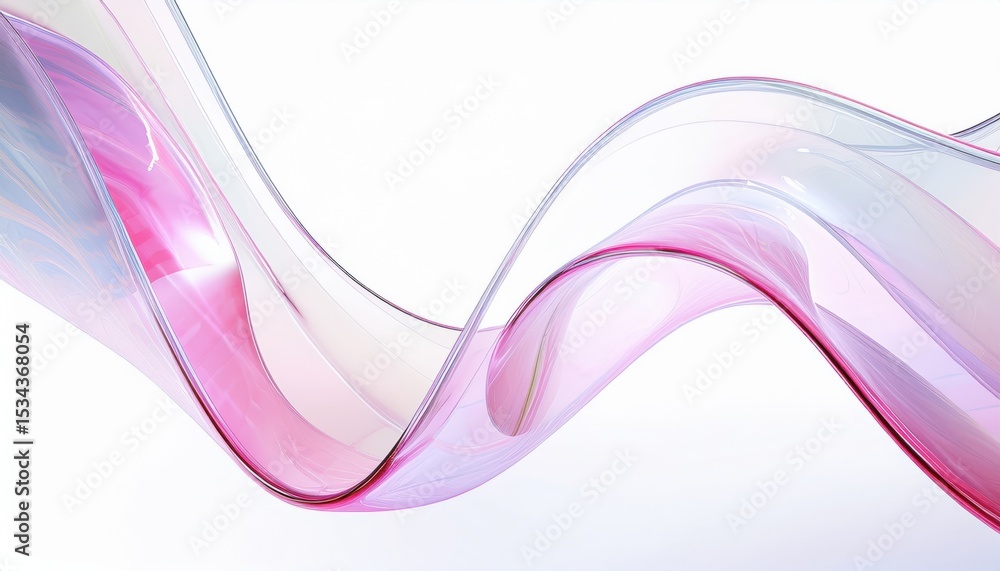 Poster transparent pink ribbon wave with glass like fluid curve on white background for abstract web banner, branding element, or digital art design


