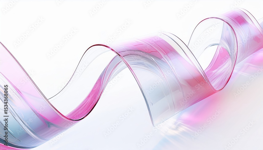 Poster transparent pink ribbon wave with glass like fluid curve on white background for abstract web banner