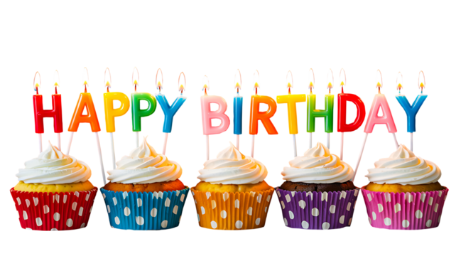 Colorful birthday cupcakes with whipped cream frosting and letter candles isolated on transparent background
