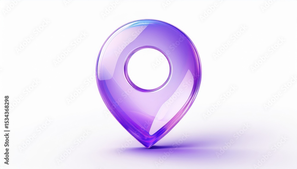 Poster glossy purple location pin icon in 3d glass style with transparent gradient effect for modern ui des