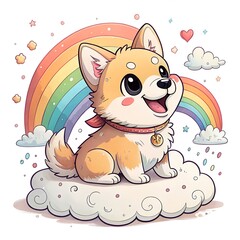 Adorable Shiba Inu Puppy on Cloud with Rainbow Backdrop A Whimsical Cartoon Illustration