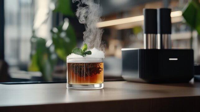 Elegant Glass of Whiskey Topped with Green Leaf in Rustic Setting