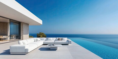 Modern white patio furniture by a stunning infinity pool overlooking the ocean
