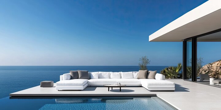Modern white sectional sofa on a deck overlooking the ocean