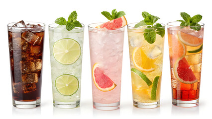 Five refreshing cocktails with ice and fruit slices in tall glasses on a white background studio shot