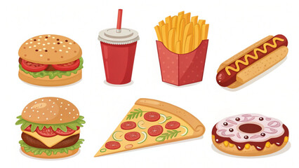 Fast food icon set featuring diverse cartoon meals like hamburger, pizza, and hotdog illustrations