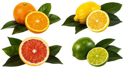 Fresh citrus fruits isolated on white background including orange lemon lime and grapefruit with green leaves, healthy food, vitamin c, organic fruit photography
