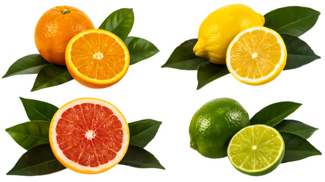 Fresh citrus fruits isolated on white background including orange lemon lime and grapefruit with green leaves, healthy food, vitamin c, organic fruit photography
