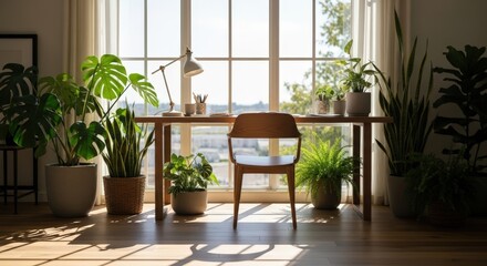 Home office desk with wooden chair potted plants and a lamp near a large window with sunlight