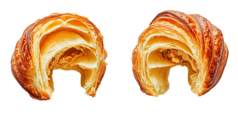 Two golden brown croissants, halved, isolated on transparent PNG, showcasing flaky layers and airy texture, perfect for bakery or food