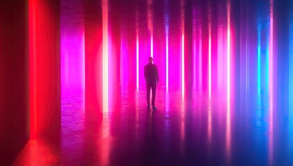 Silhouette figure in vibrant neon tunnel
