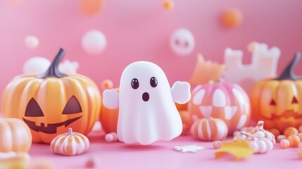 Cute cartoon ghost surrounded by Halloween pumpkins and candy on a pink background. 3D illustration,
