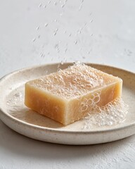 Naklejka premium Bar of soap covered in bubbles on a soap dish getting sprayed with water from above Hygiene product with water suds and a simple dish