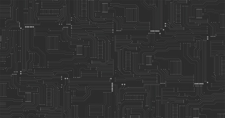 Circuit board texture background, seamless pattern.  Black monochrome background. 