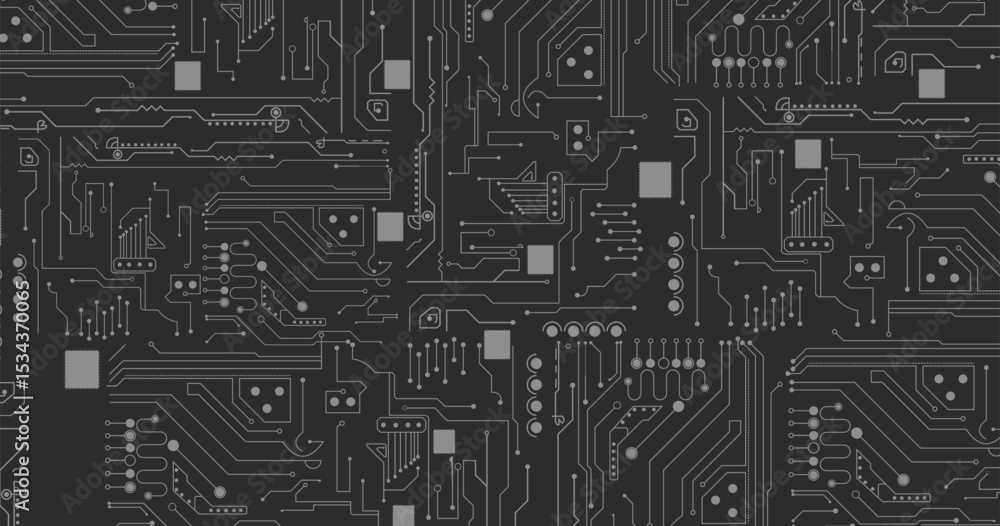Poster circuit board texture background, seamless pattern. white lines and dots on black background. vector