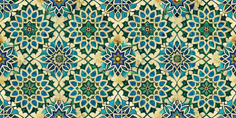 Intricate geometric tile pattern with vibrant blues and greens, showcasing floral motifs.