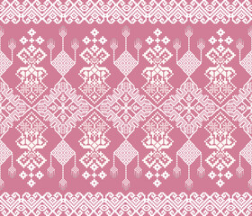 Pixel fabric pattern, abstract, ethnic, pixel style, full fabric pattern, pink, white, for textile, cloth, clothes, curtain, carpet, pillow, illustration, vector.